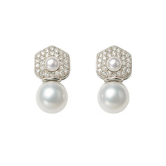 925 Sterling Silver Hexagon Pearl Drop Earrings with CZ Pave for Women