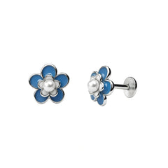 Blue Enamel Floral Pearl Stud Earrings