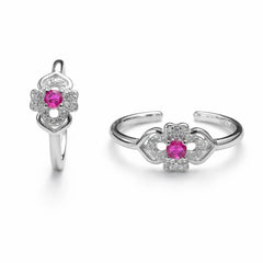 Sterling Silver Flower Adjustable Toe Ring with Pink Center Stone