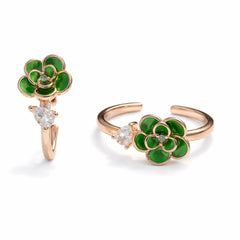 925 Sterling Silver Rose Gold Plated Green Enamel Floral Adjustable Toe Ring with CZ