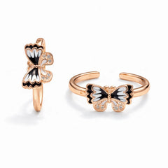 925 Sterling Silver Rose Gold Plated Black & White Enamel Butterfly Adjustable Toe Ring