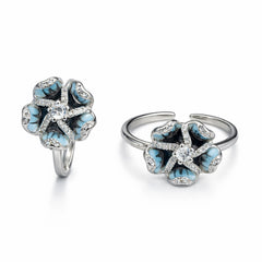 925 Sterling Silver Blue Enamel Flower Adjustable Toe Ring with CZ
