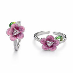 925 Sterling Silver Pink Blossom Toe Ring with Leaf – Adjustable Floral Design
