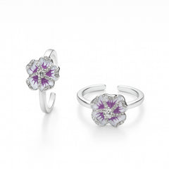 925 Sterling Silver Purple Enamel Flower Toe Ring with Crystal – Adjustable Design