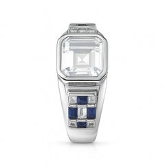 925 Sterling Silver Men’s Ring with Blue Sapphire-Style CZ & Baguette Stones