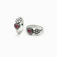 Sterling Silver Flower and Heart Toe Ring with Pink Stone