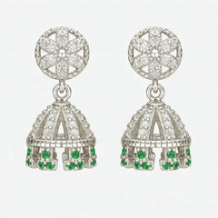 Sterling Silver Floral Top Jhumka Earrings with White and Green Stones