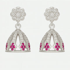 Sterling Silver Floral Top Jhumka Earrings with White and Pink Stones