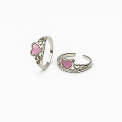 925 Sterling Silver Pink Heart Toe Ring | Adjustable Rhodium-Plated Dual Heart Design with CZ