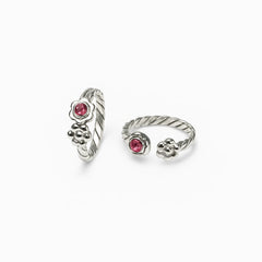 925 Sterling Silver Pink Stone Floral Toe Ring | Adjustable Antique Rope Band Design