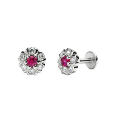 925 Sterling Silver Floral Ruby Stud Earrings