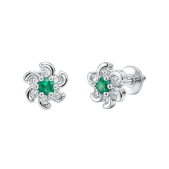 Silver Emerald & CZ Floral Stud Earrings for Women