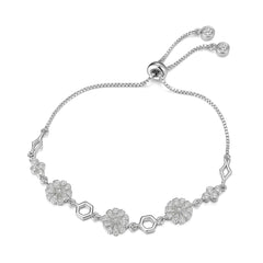 Sterling Silver Adjustable Bracelet with Floral and Hexagon Link Design