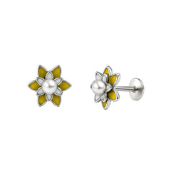 Silver Pearl Yellow Enamel Flower Stud Earrings