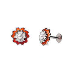 Red Enamel Floral Pearl Stud Earrings