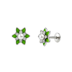 Green Enamel Floral Pearl Stud Earrings