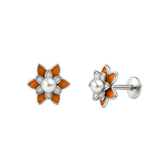 Orange Five-Petal Pearl Stud Earrings