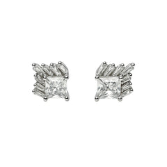 925 Sterling Silver Princess Cut CZ Stud Earrings with Baguette Halo