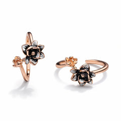 925 Sterling Silver Rose Gold Plated Floral Toe Ring with Black Enamel – Adjustable