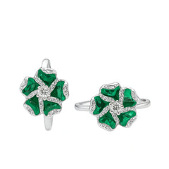 Women’s Adjustable Floral Toe Ring with Green Stones & CZ in 925 Sterling Silver