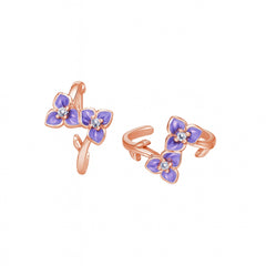 925 Sterling Silver Rose Gold Floral Toe Ring with Purple Enamel & Crystal – Adjustable Open Band