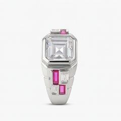 925 Sterling Silver Men’s Ring with Ruby-Style Pink CZ & Baguette Stones