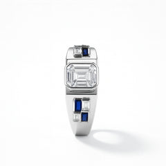 925 Sterling Silver Men’s Ring with Emerald-Cut CZ & Blue Baguette Stones