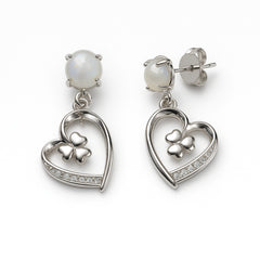 925 Sterling Silver Pearl Heart Drop Earrings | CZ Accented Heart & Clover Dangle Design
