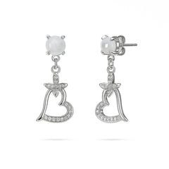 925 Sterling Silver Pearl Heart Drop Earrings | CZ Accented Heart & Star Dangle Design
