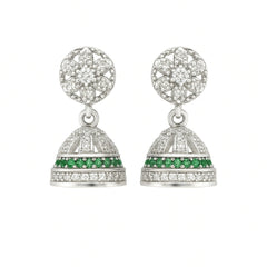 Sterling Silver Floral Top Jhumka Earrings with White and Green Stones