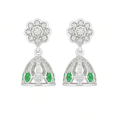 Sterling Silver Floral Top Jhumka Earrings with White and Green Stones