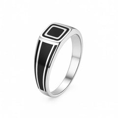 925 Silver Rectangle Signet Ring for Men – Black Enamel Design