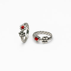 925 Sterling Silver Red Stone Floral Toe Ring | Adjustable Antique Rope Band Design
